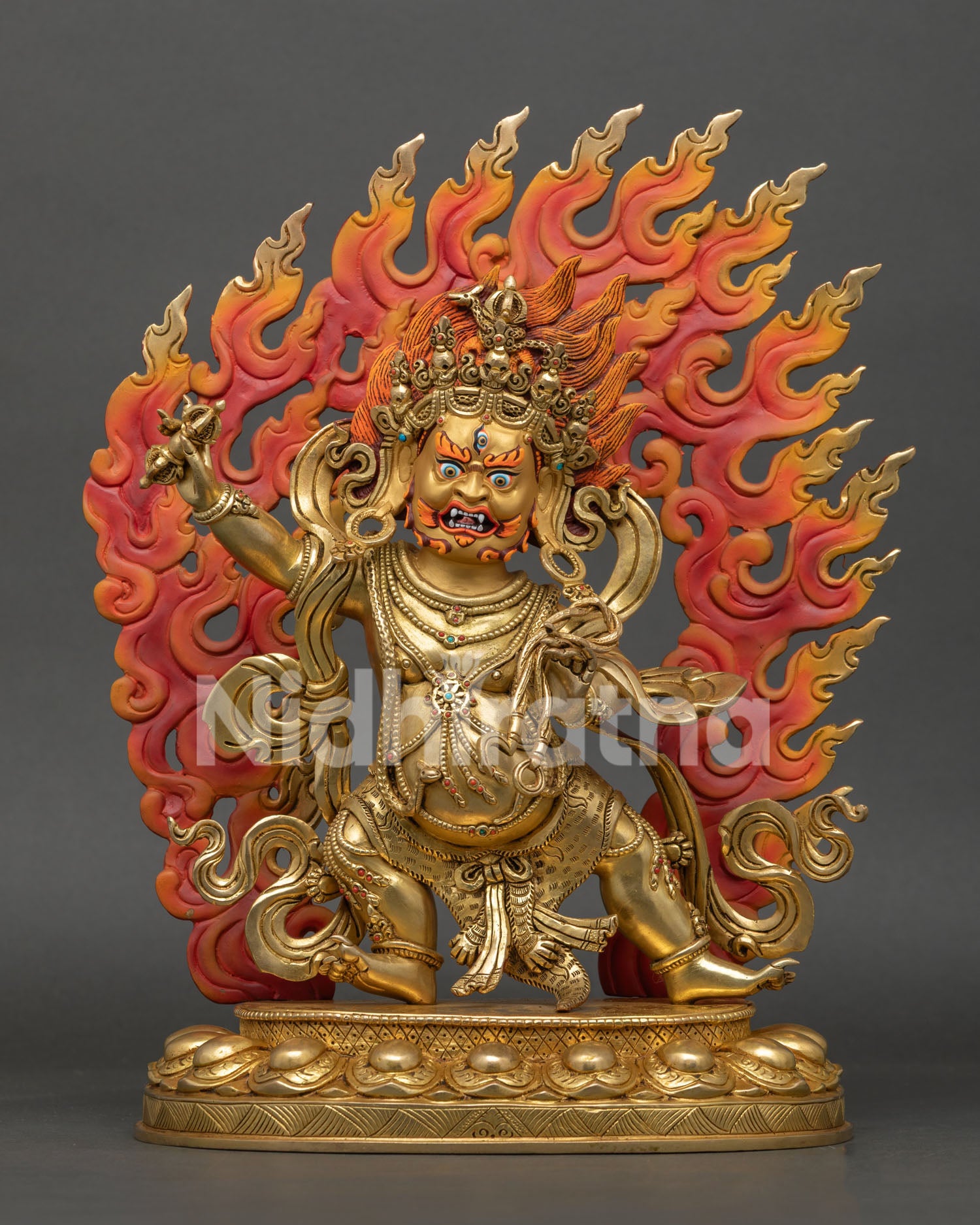 Front view of Vajrapani Statue, handmade by Newari artist from Patan, Nepal, copper 24k gold fire gilded with turquoise and coral stones