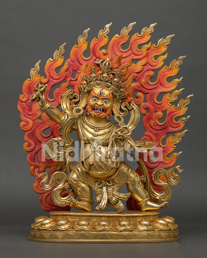 Front view of Vajrapani Statue, handmade by Newari artist from Patan, Nepal, copper 24k gold fire gilded with turquoise and coral stones
