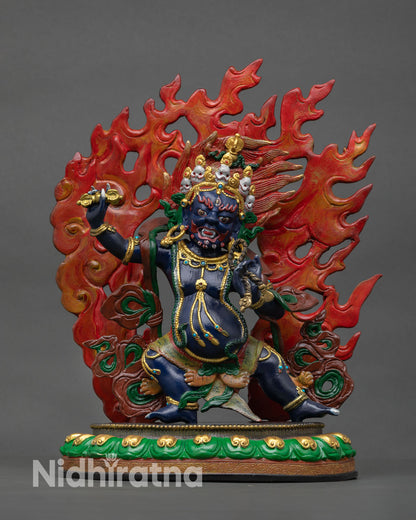 Front view of Vajrapani statue, copper sculpture hand painted acrylic colors semi precious stones flaming halo Nepal artisan craftsmanship