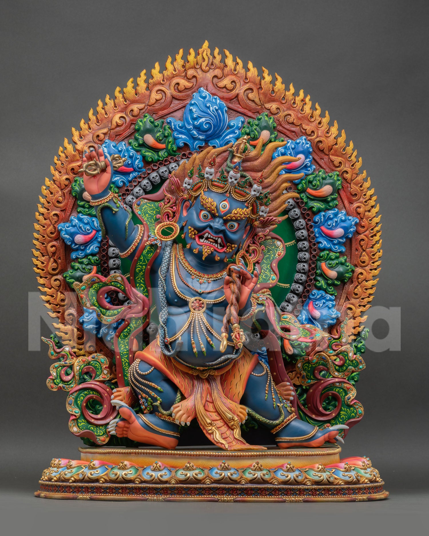 Front view of Vajrapani statue, wrathful protector deity, lost wax copper sculpture, Nepal, Newari artisan, Himalayan Buddhist sacred art lotus seat