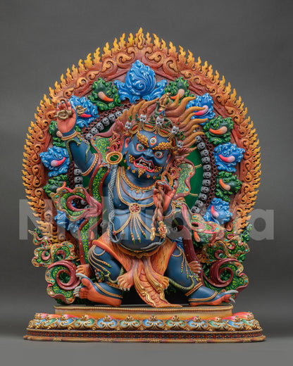 Front view of Vajrapani statue, wrathful protector deity, lost wax copper sculpture, Nepal, Newari artisan, Himalayan Buddhist sacred art lotus seat