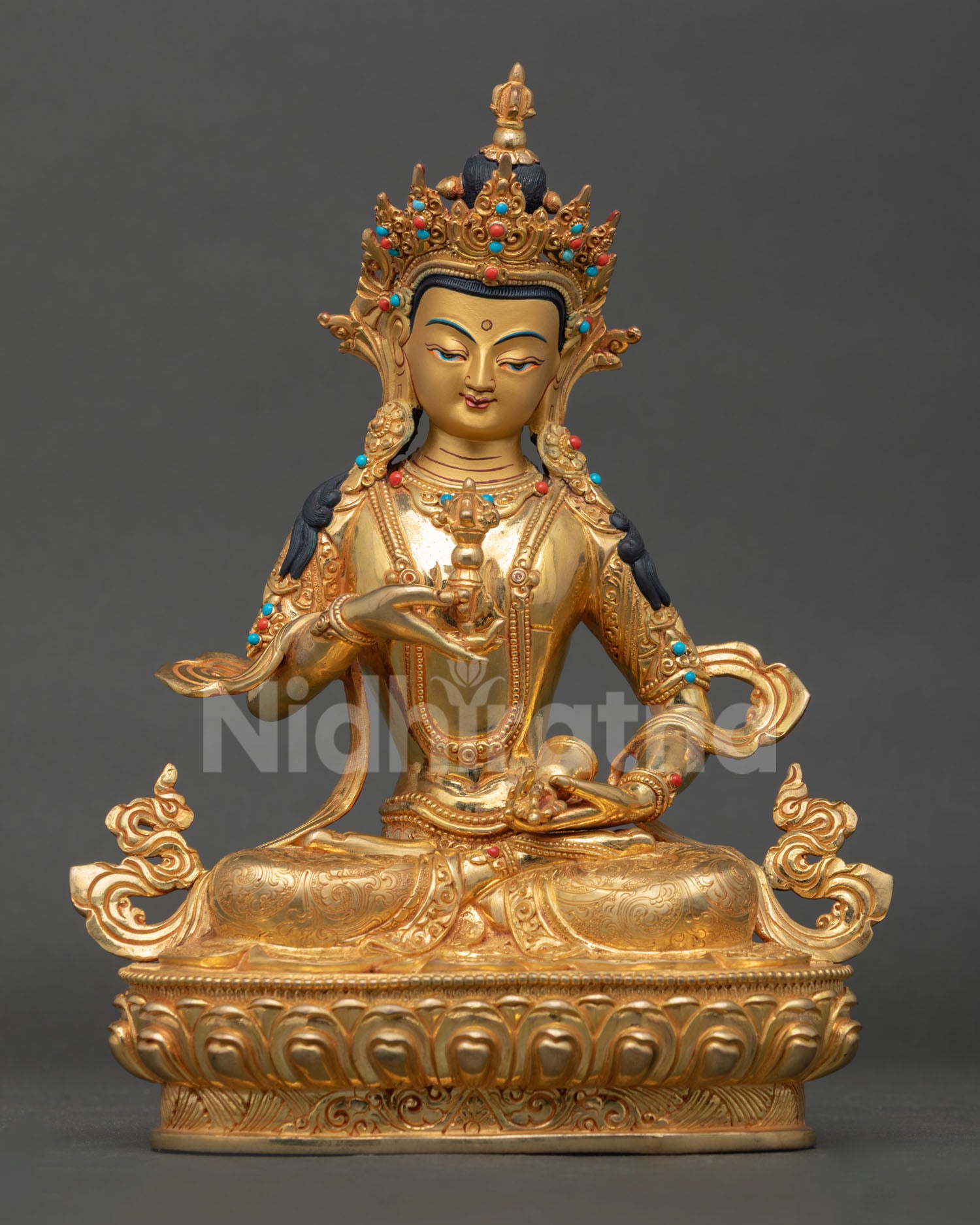 Front view Vajrasattva altar statue, Tibetan copper sculpture with gold gilding detail

