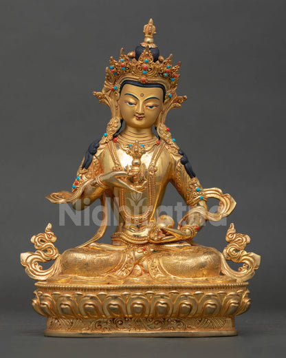 Front view Vajrasattva altar statue, Tibetan copper sculpture with gold gilding detail
