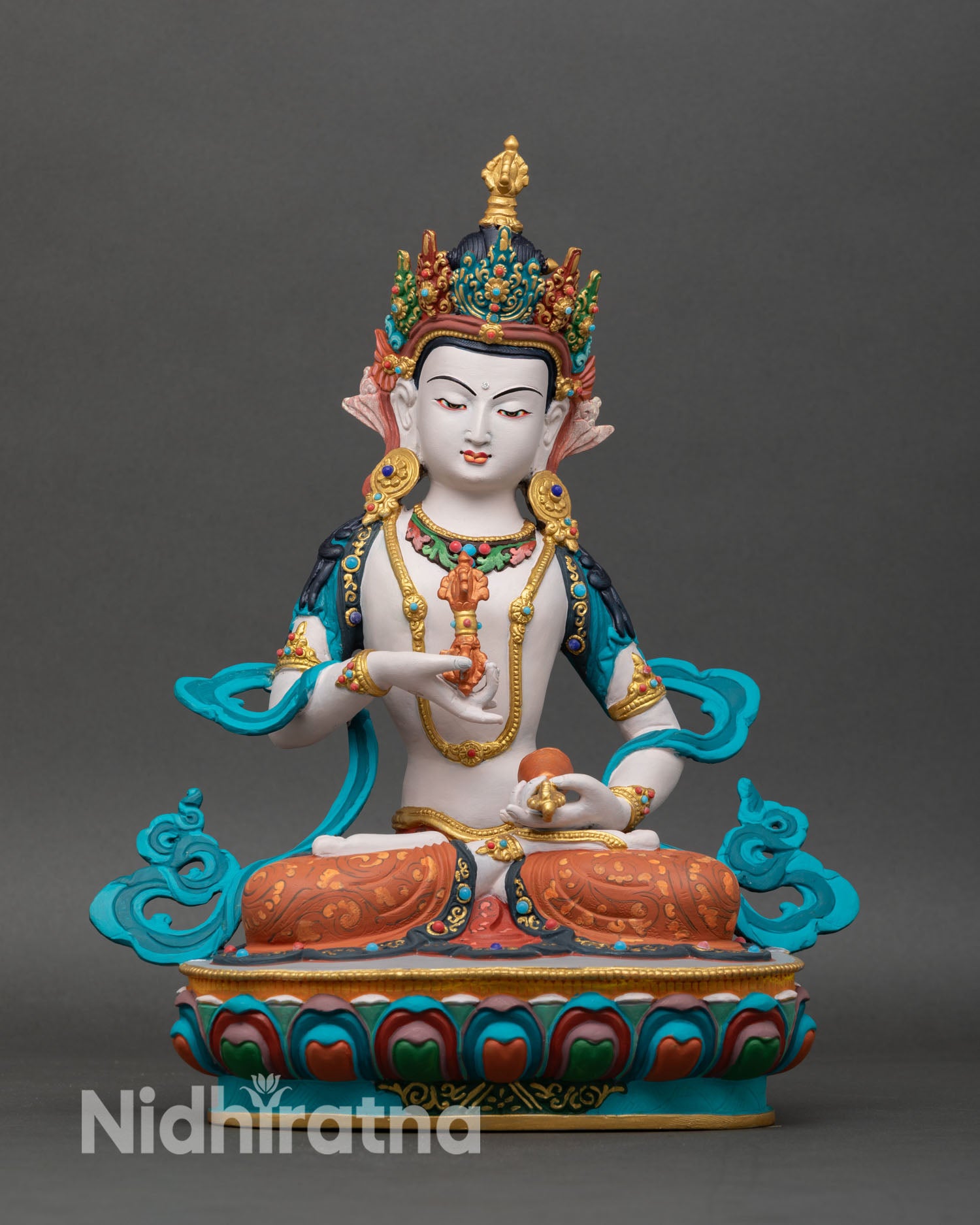Front view Vajrasattva Dorje Sempa statue handcrafted in Nepal copper lost-wax Buddhist purification deity vibrant acrylic colors
