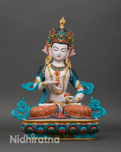 Front view Vajrasattva Dorje Sempa statue handcrafted in Nepal copper lost-wax Buddhist purification deity vibrant acrylic colors