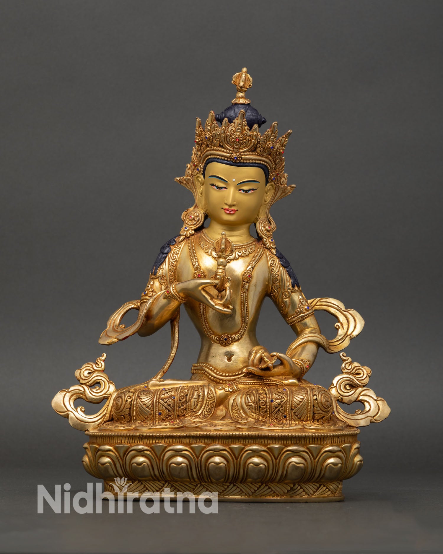 front view vajrasattva statue copper 24k gold gilded lotus pedestal purification deity nepal buddhist sculpture