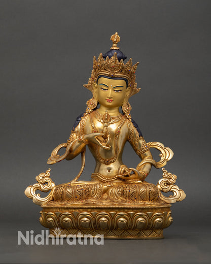 front view vajrasattva statue copper 24k gold gilded lotus pedestal purification deity nepal buddhist sculpture