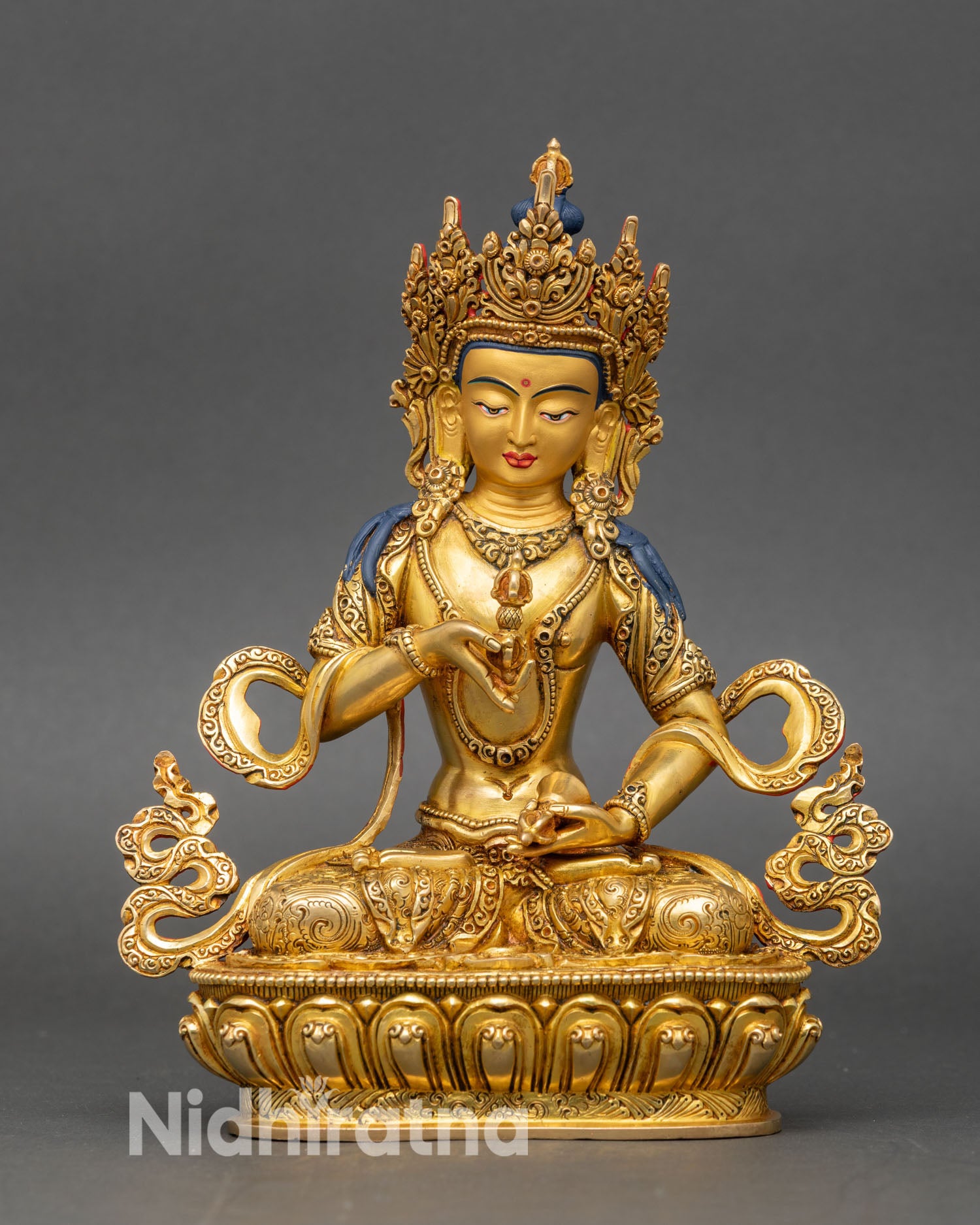 Front view of Vajrasattva statue copper 24K gold lotus pedestal