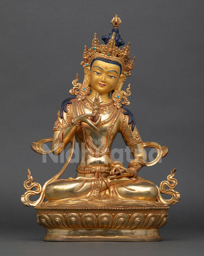 Front view of Vajrasattva statue, handcrafted by Newari artisans from Nepal, 24K gold fire gilded lotus pedestal, gold painted face, sacred Buddhist art