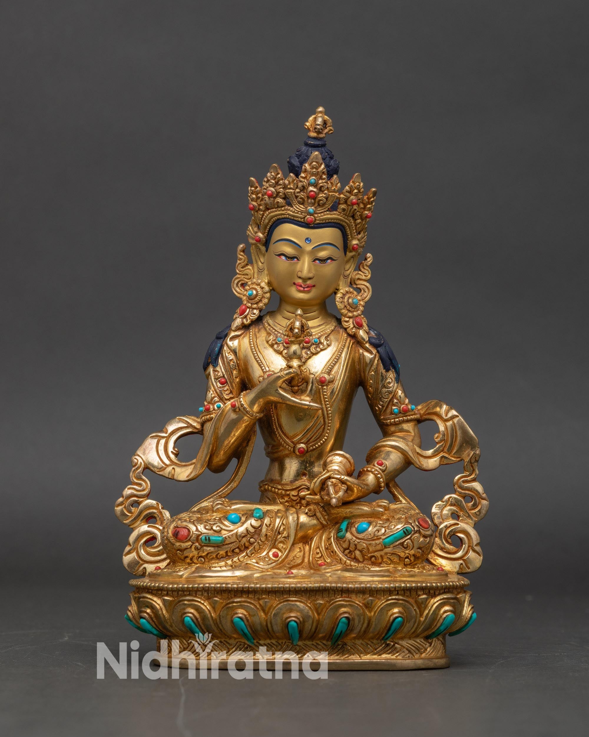 Front view of Vajrasattva statue handcrafted copper 24K gold gilding gold painted face semi precious stones