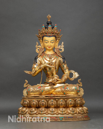 Front view of Vajrasattva statue handcrafted in copper with 24K gold, ideal for meditation and purification.