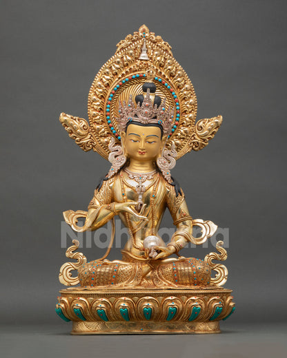 Front view of Vajrasattva statue handcrafted copper Buddhist deity sculpture from Nepal with gold gilded and silver plated detailing and lotus pedestal