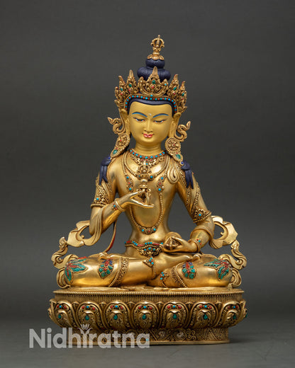 Front view of Vajrasattva statue, handcrafted in Nepal, copper lost wax with 24K gold gilding