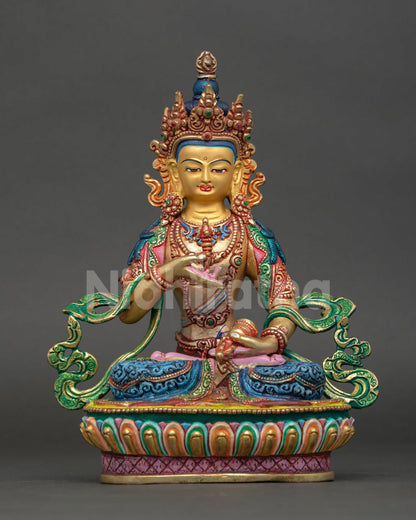 Front view of Vajrasattva statue handcrafted in Nepal copper with gold gilded details hand painted acrylic and semi precious stones for Buddhist altar decor
