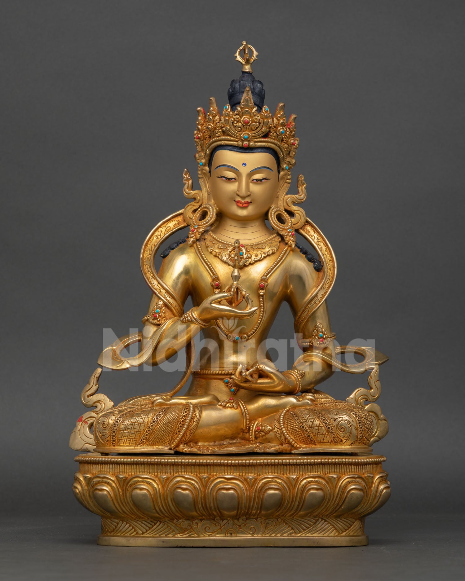 Front view of Vajrasattva Statue, handmade by Newari artist from Patan, Nepal, 24k gold gilded copper semi precious stones purification deity