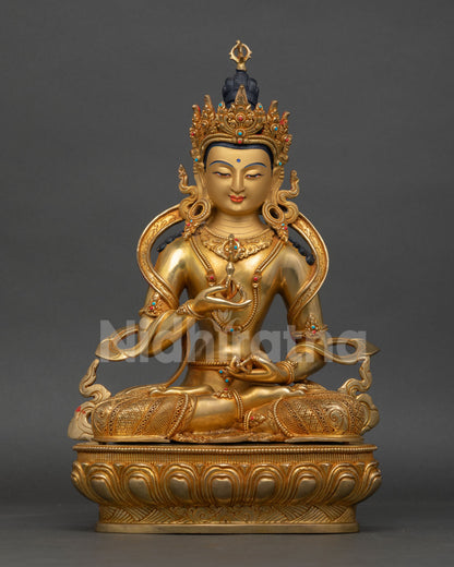 Front view of Vajrasattva Statue, handmade by Newari artist from Patan, Nepal, 24k gold gilded copper semi precious stones purification deity