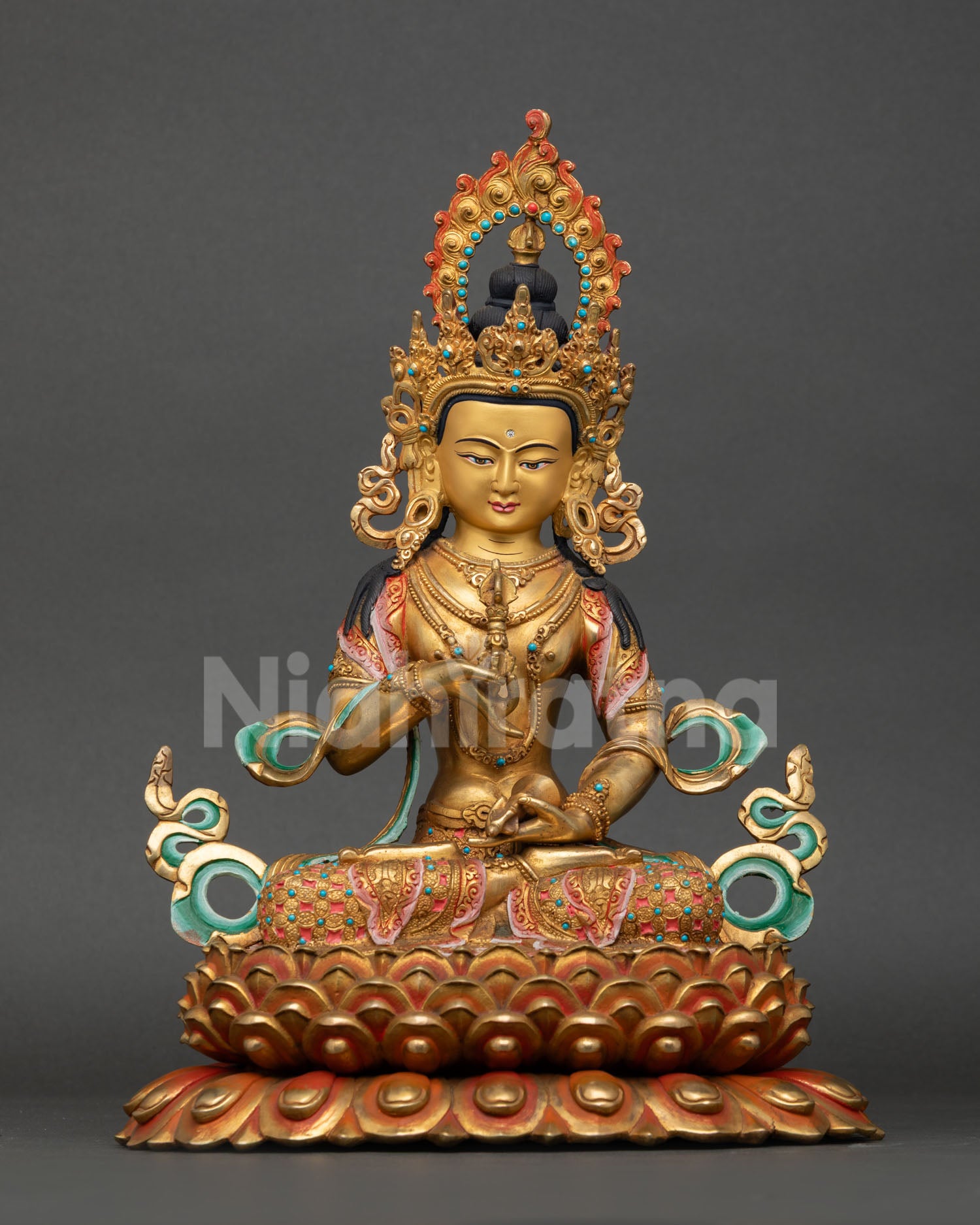 Front view of Vajrasattva statue Nepal handcrafted copper sculpture 24K gold gilded lost wax casting lotus pedestal vajra and bell purification deity altar decor