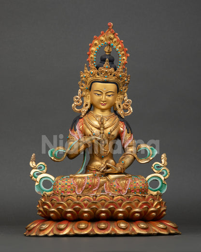 Front view of Vajrasattva statue Nepal handcrafted copper sculpture 24K gold gilded lost wax casting lotus pedestal vajra and bell purification deity altar decor