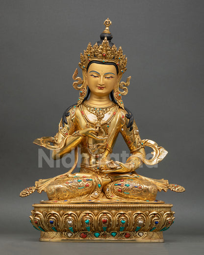 Front view of Vajrasattva statue with 24K gold gilding and semi precious stone inlays