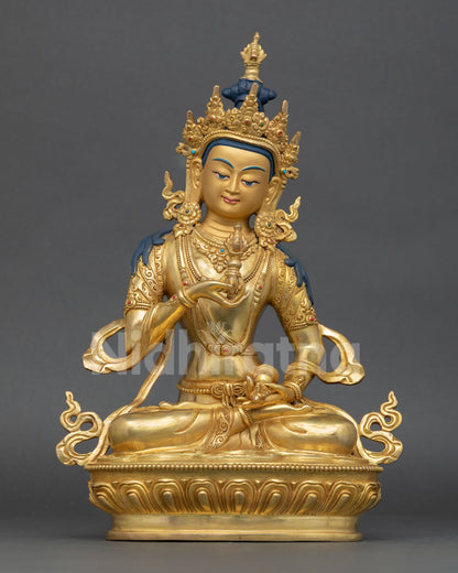 Front view of Vajrasattva statue with 24K gold gilding semi precious stones and Himalayan copper craftsmanship