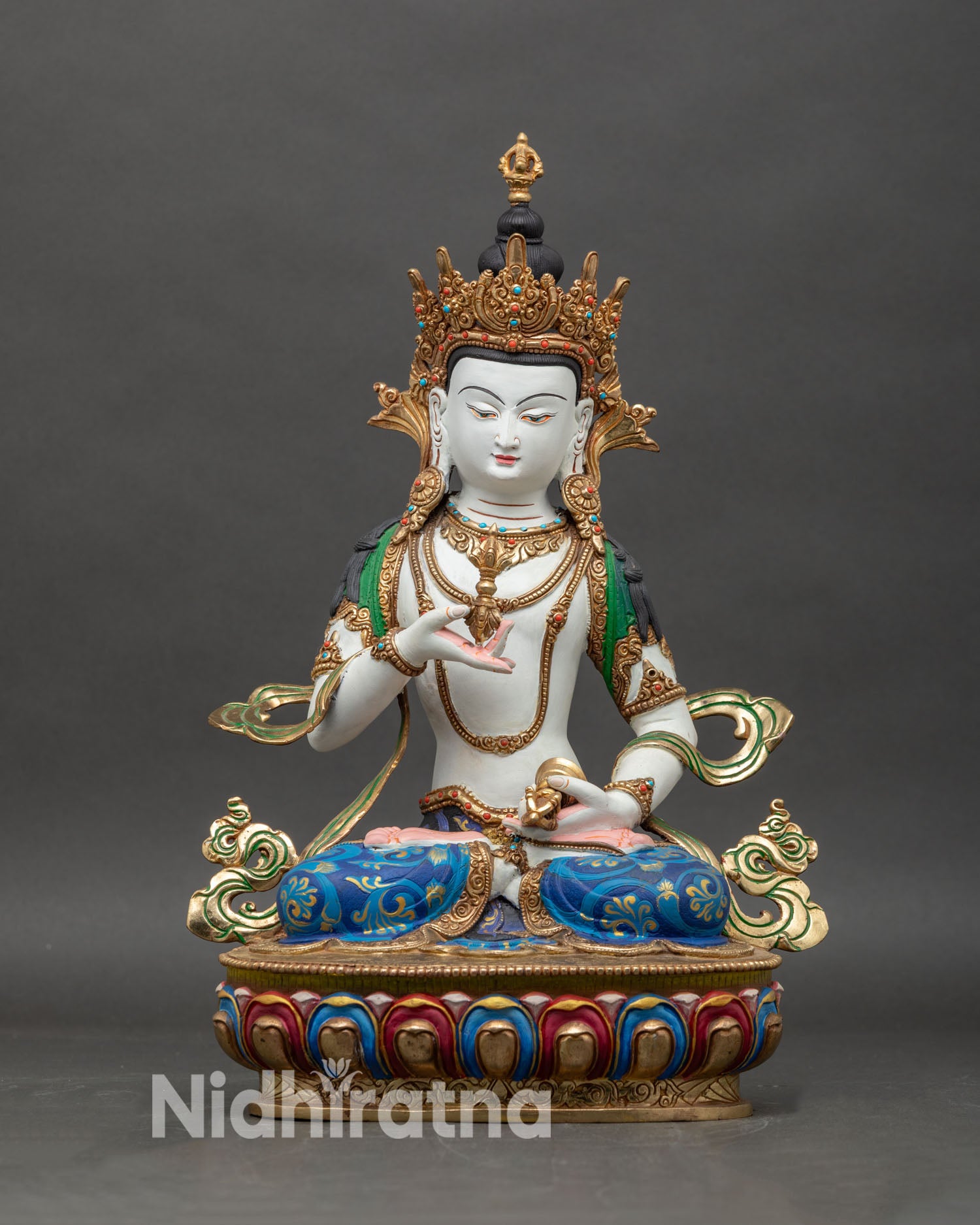 Front view Vajrasattva statue with gold gilding and lotus pedestal for karma purification