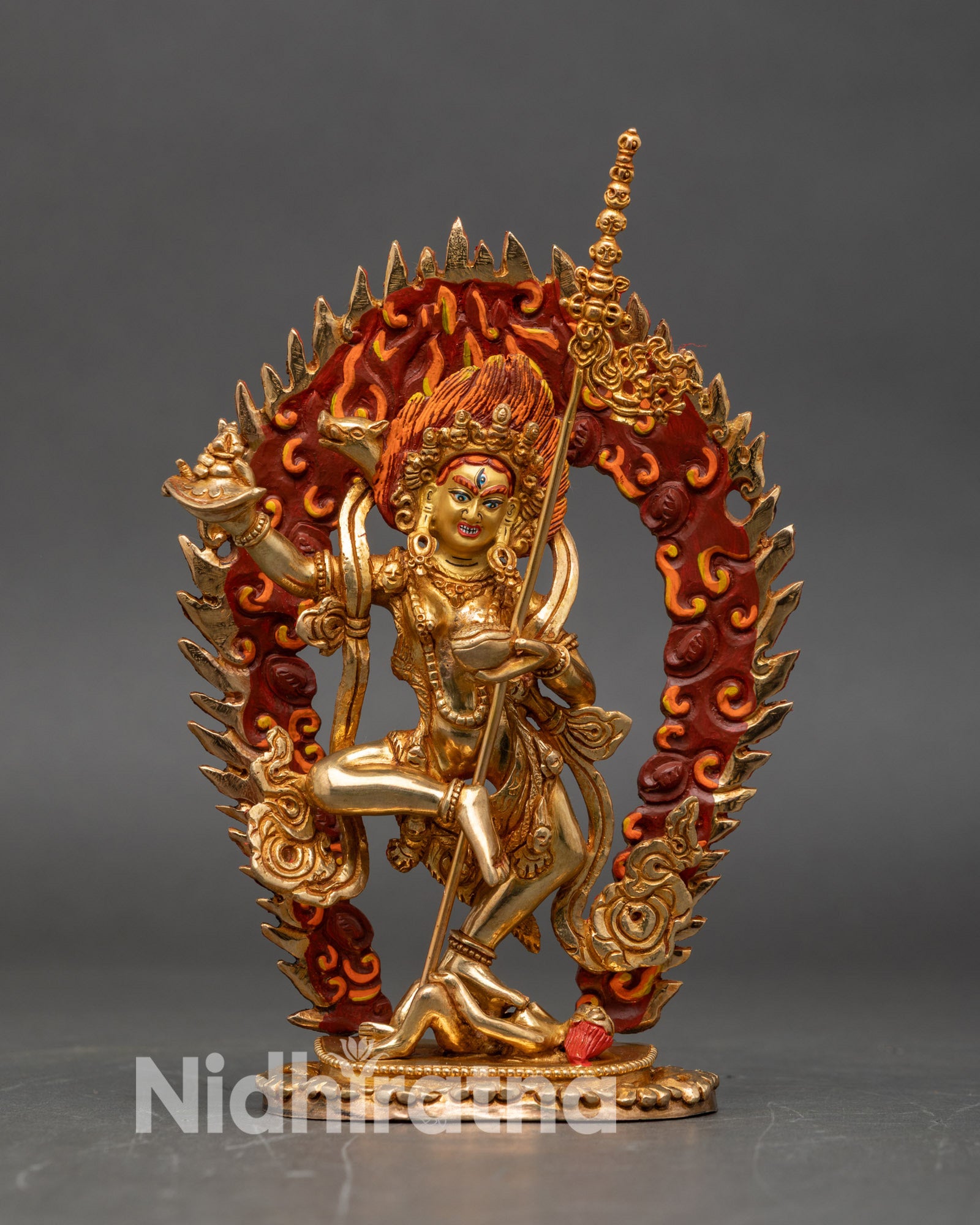 Front view Dorje Phagmo statue gold gilded copper Tibetan tantric goddess Nepal