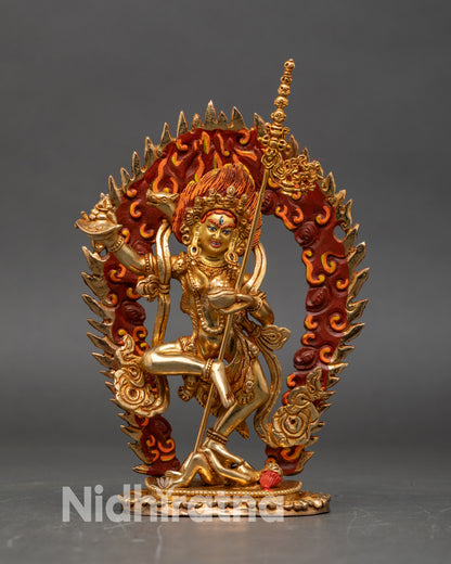 Front view Dorje Phagmo statue gold gilded copper Tibetan tantric goddess Nepal