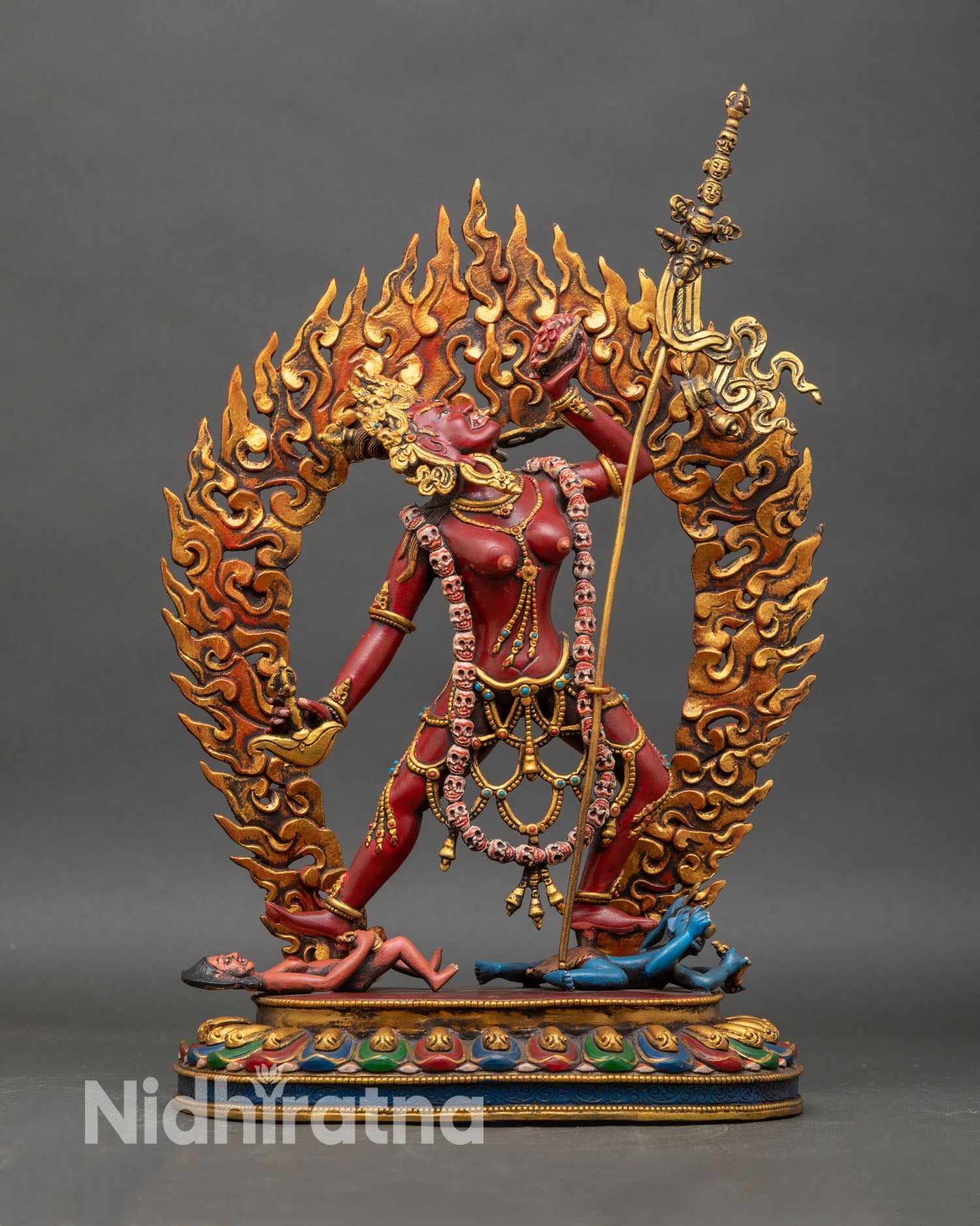 Front view of Vajrayogini Statue, handcrafted Nepalese copper gold gilded Dakini