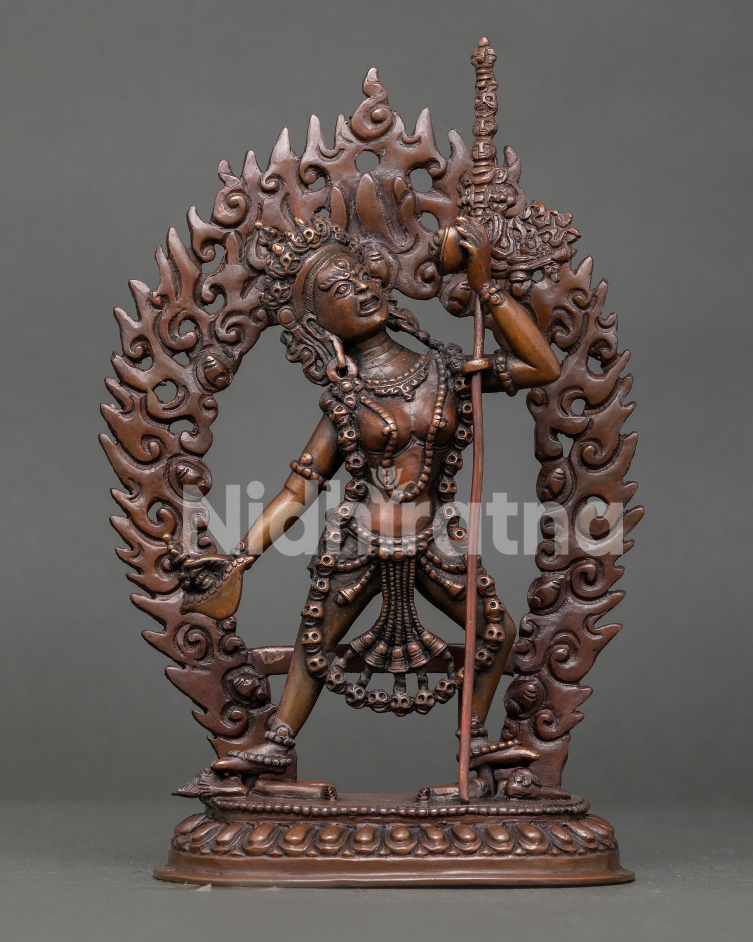 Front view of Vajrayogini statue, handmade in oxidized copper by Newari artist from Nepal
