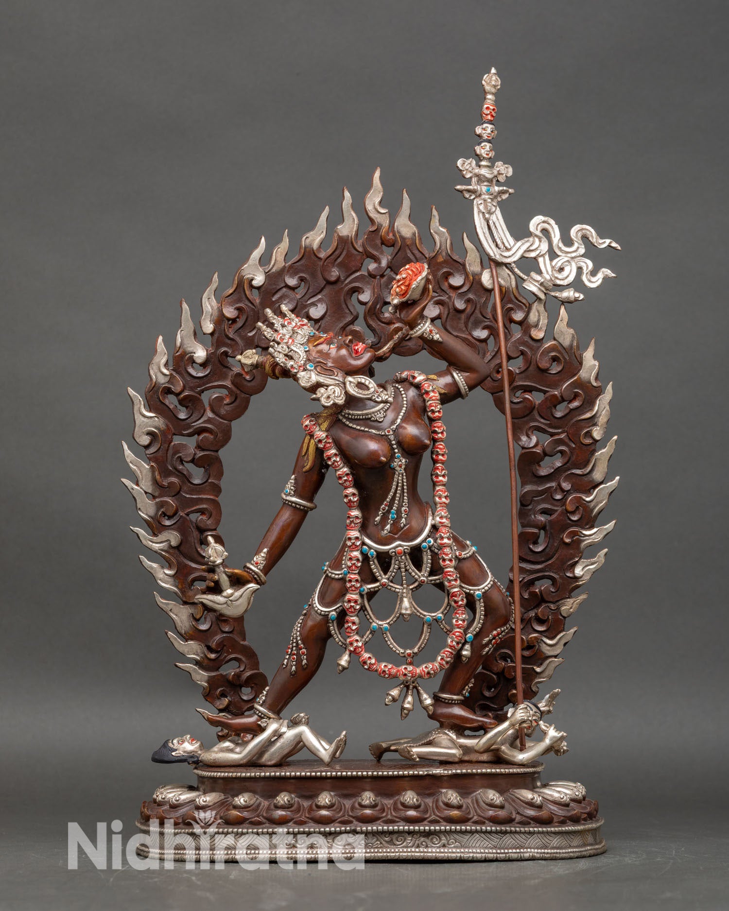 Front view of Vajrayogini statue tantric dakini handcrafted Nepal copper oxidized silver plated finish