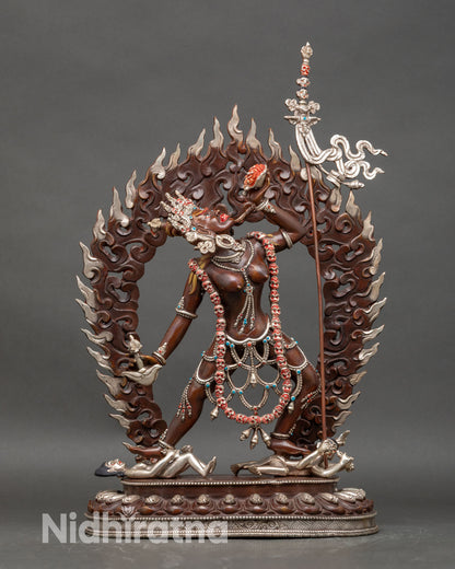 Front view of Vajrayogini statue tantric dakini handcrafted Nepal copper oxidized silver plated finish