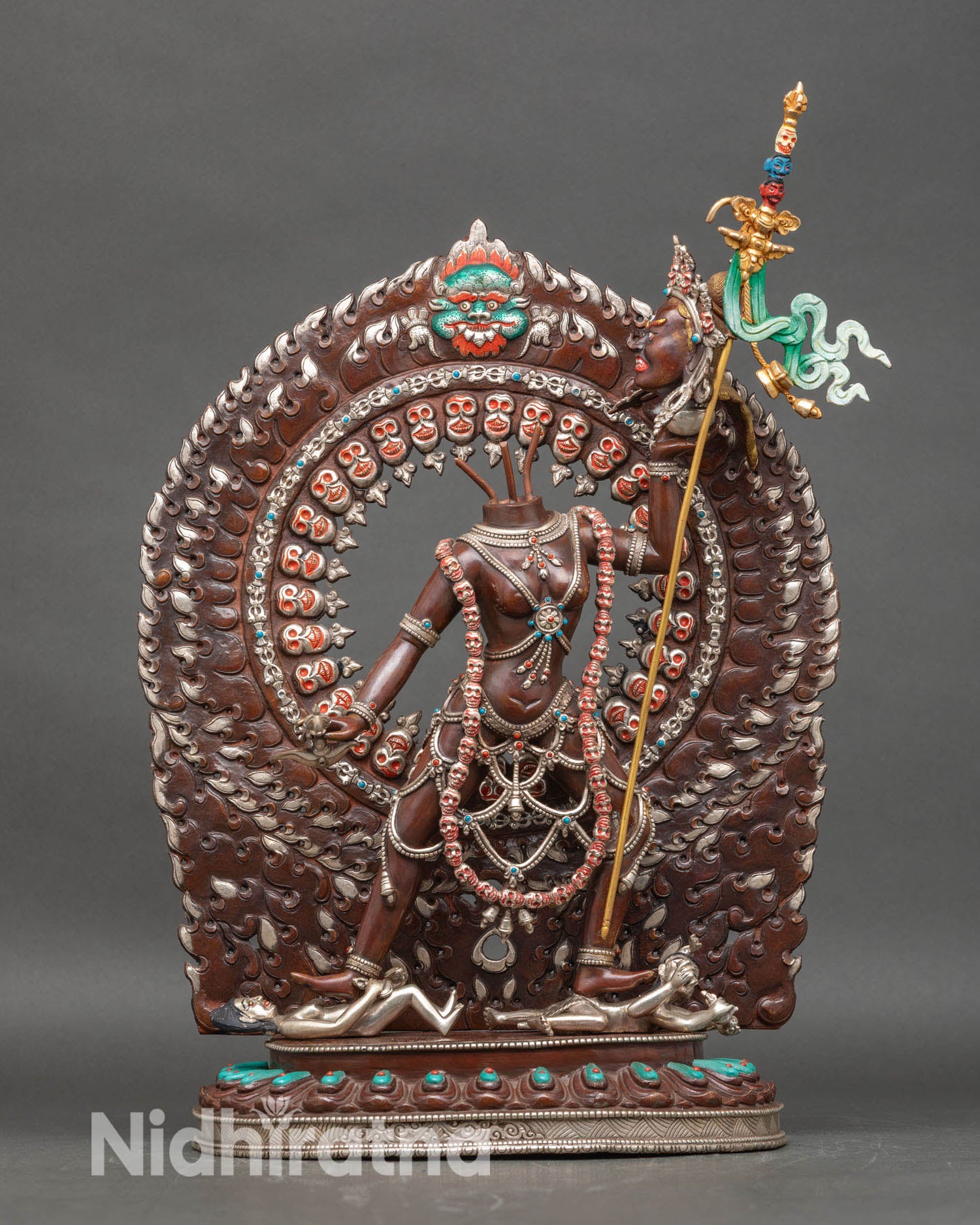 Front view of Vajrayogini Ucheyema statue self decapitating dakini handcrafted Nepal copper oxidized silver plated