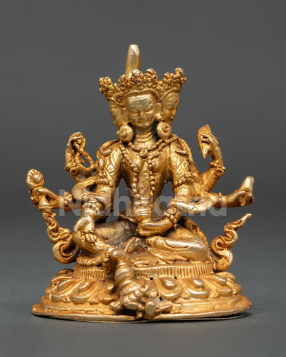 Front view of Vasudhara copper statue gold fire gilded Buddhist goddess of wealth Nepal handmade altar sculpture lotus seat decor