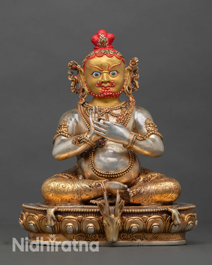Front view of Virupa statue in copper with gold fire gilded finish silver details and lotus throne