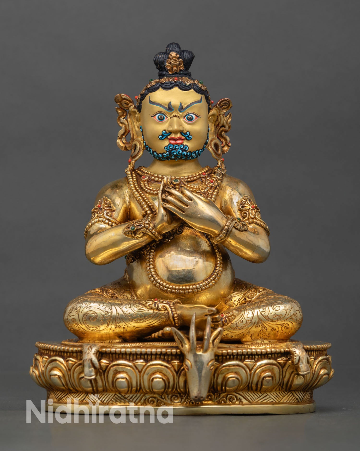 Front view of Virupa statue copper gold gilded Tibetan Mahasiddha Buddhist sculpture Nepal handcrafted altar decor