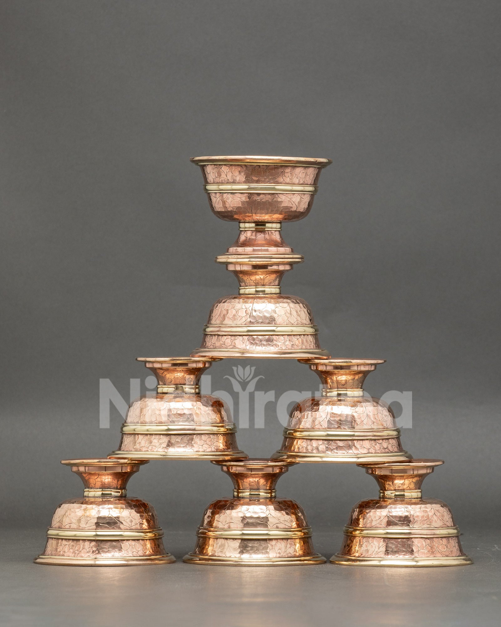 Front view water offering set handcrafted copper Tibetan altar bowls