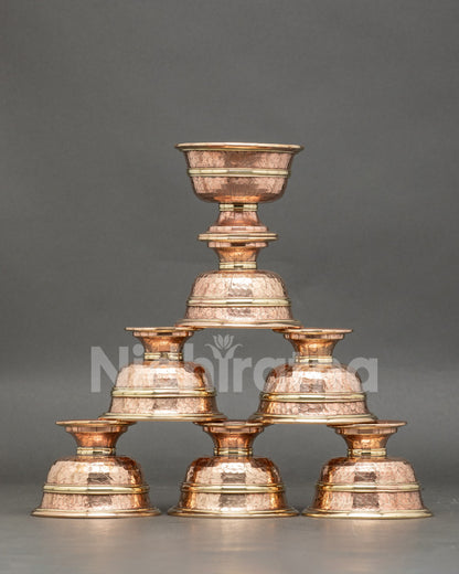Front view water offering set handcrafted copper Tibetan altar bowls