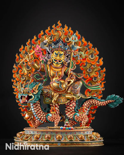 Front view of White Dzambhala statue, copper, gold gilded, hand-painted Kathmandu Newari craftsmanship, dragon throne