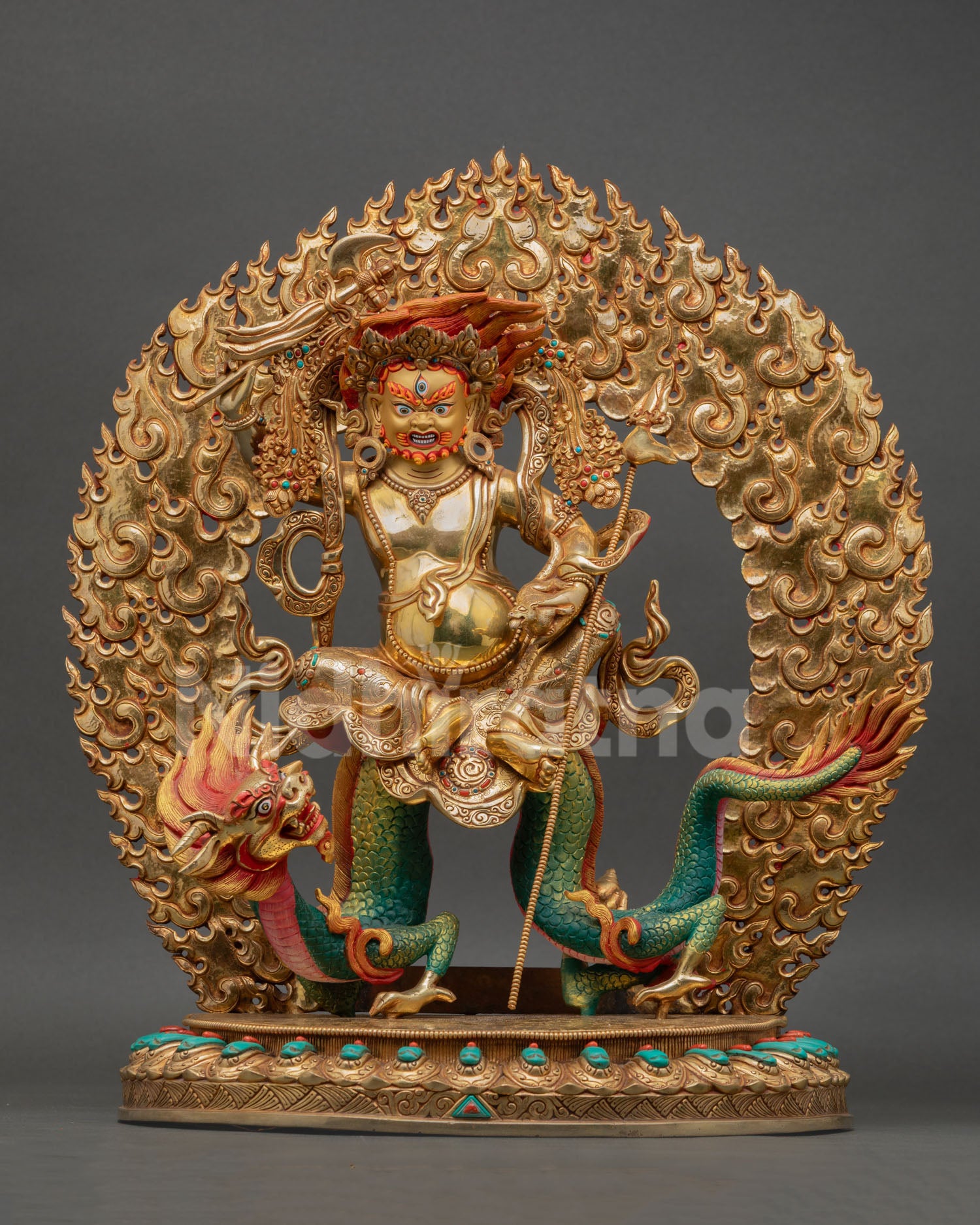 Front view of White Dzambhala statue Nepal handcrafted lost wax casting copper sculpture 24K gold gilded wealth deity seated on Dragon Kubera