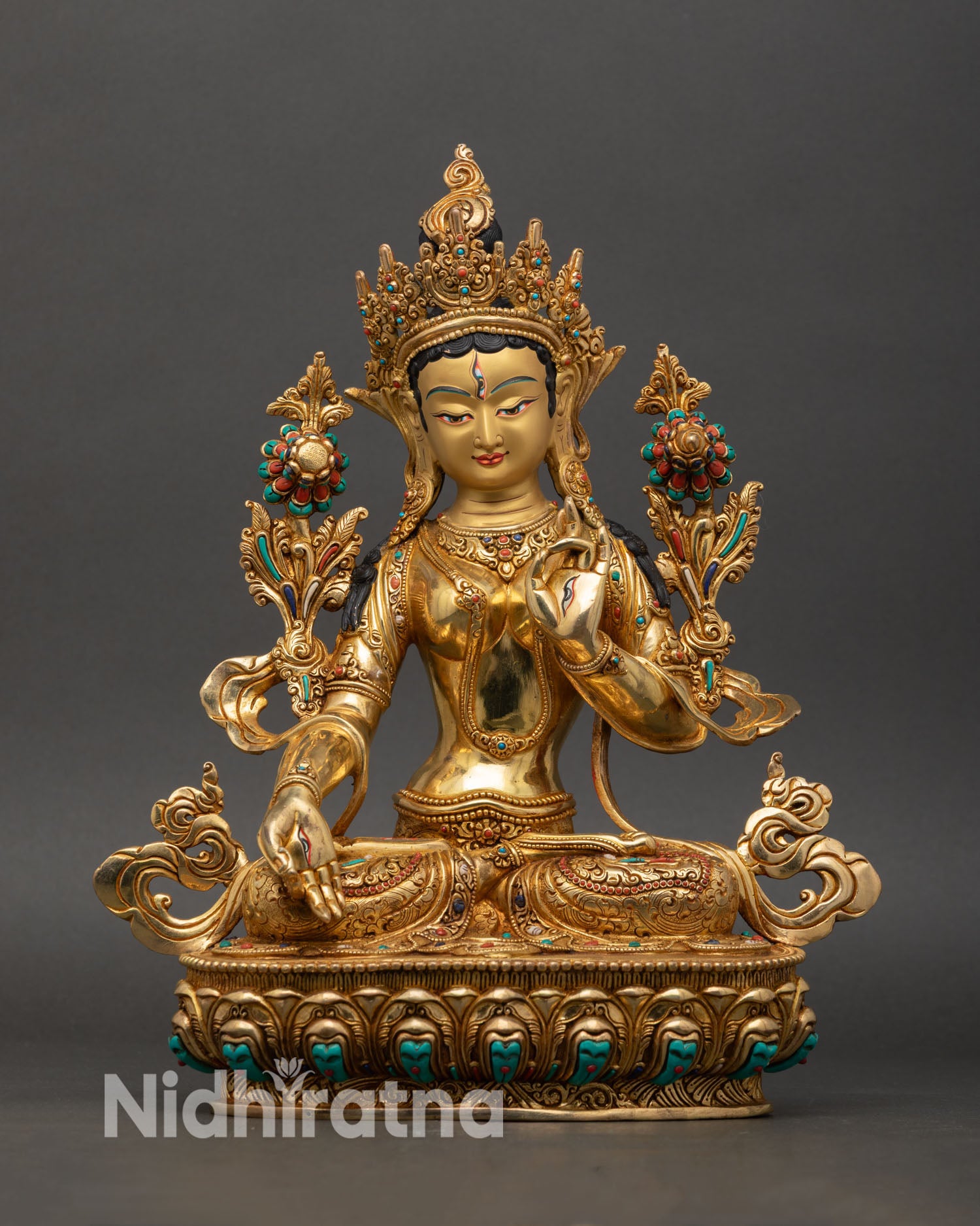 Front view of white tara statue nepal handcrafted buddhist goddess compassion long life lotus throne
