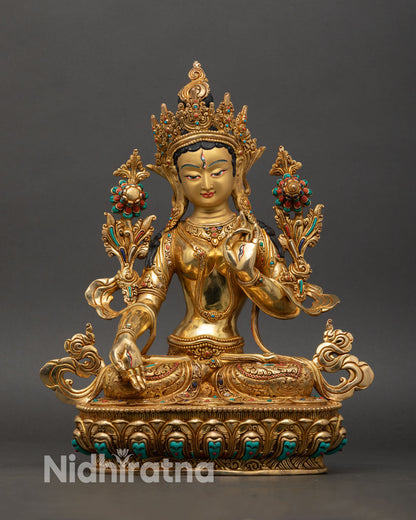 Front view of white tara statue nepal handcrafted buddhist goddess compassion long life lotus throne
