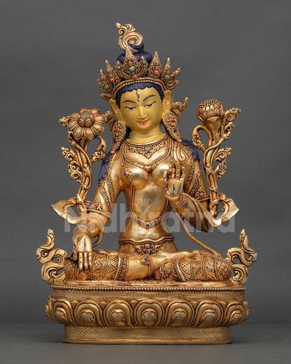Front View of White Tara Statue, Seven-Eyed Goddess, Copper and 24K Gold Gilded, Nepalese Buddhist Art