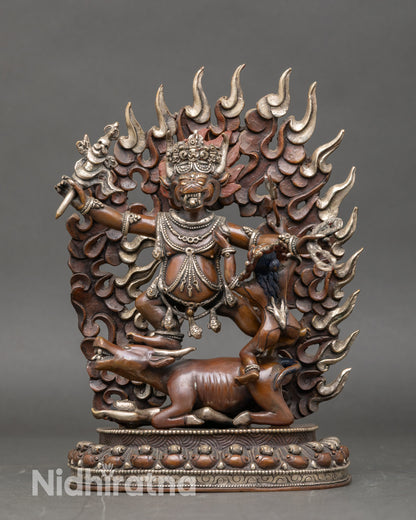 Front view Yamantaka Union Statue copper oxidized silver-plated Himalayan Buddhist art