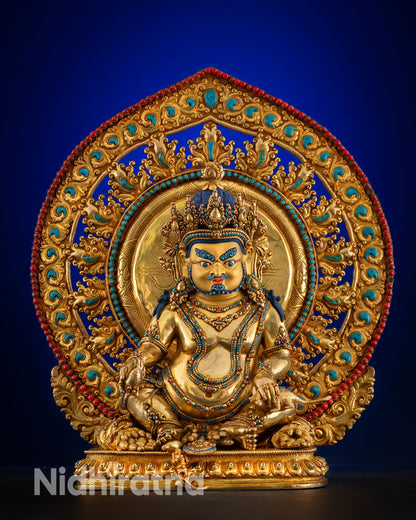 Front view of Dzambhala statue, fire gilded copper, Kathmandu Nepal craftsmanship