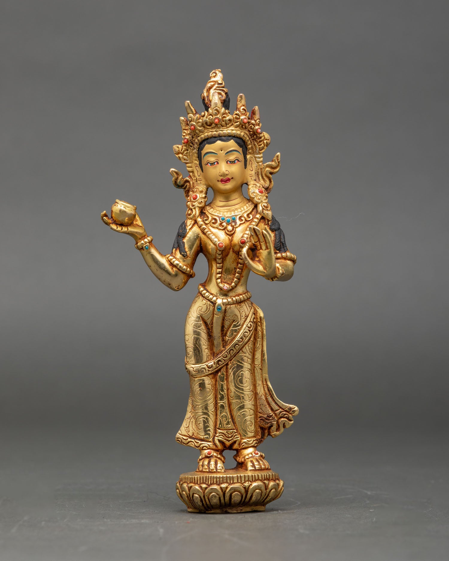 front-view-yeshe-tsogyal-statue-copper-gold-fire-gilded-lotus-pedestal