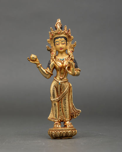 front-view-yeshe-tsogyal-statue-copper-gold-fire-gilded-lotus-pedestal