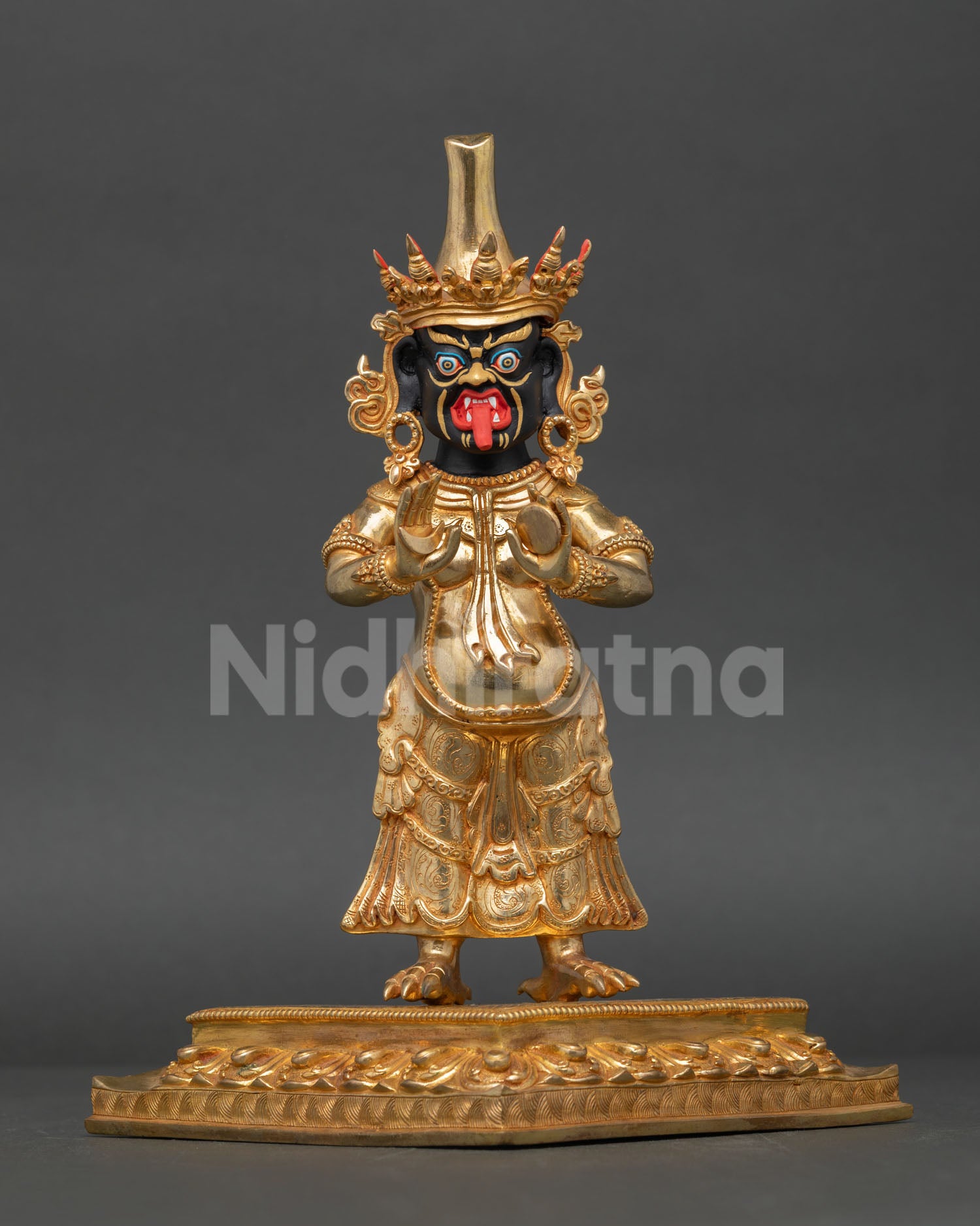 Front View of Zhajilamu Statue, Copper Gold, Tibetan Wealth Deity, Black Faced Protector Sculpture