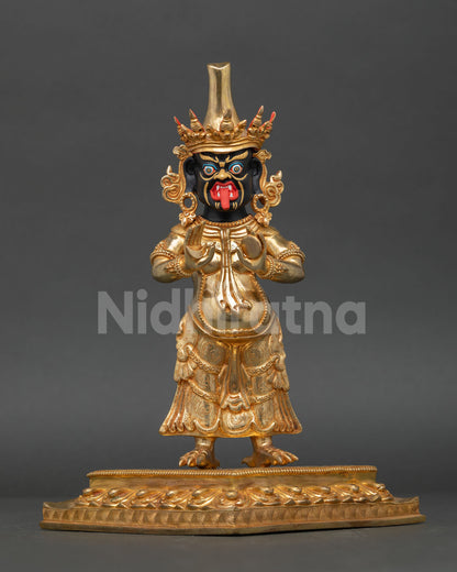 Front View of Zhajilamu Statue, Copper Gold, Tibetan Wealth Deity, Black Faced Protector Sculpture