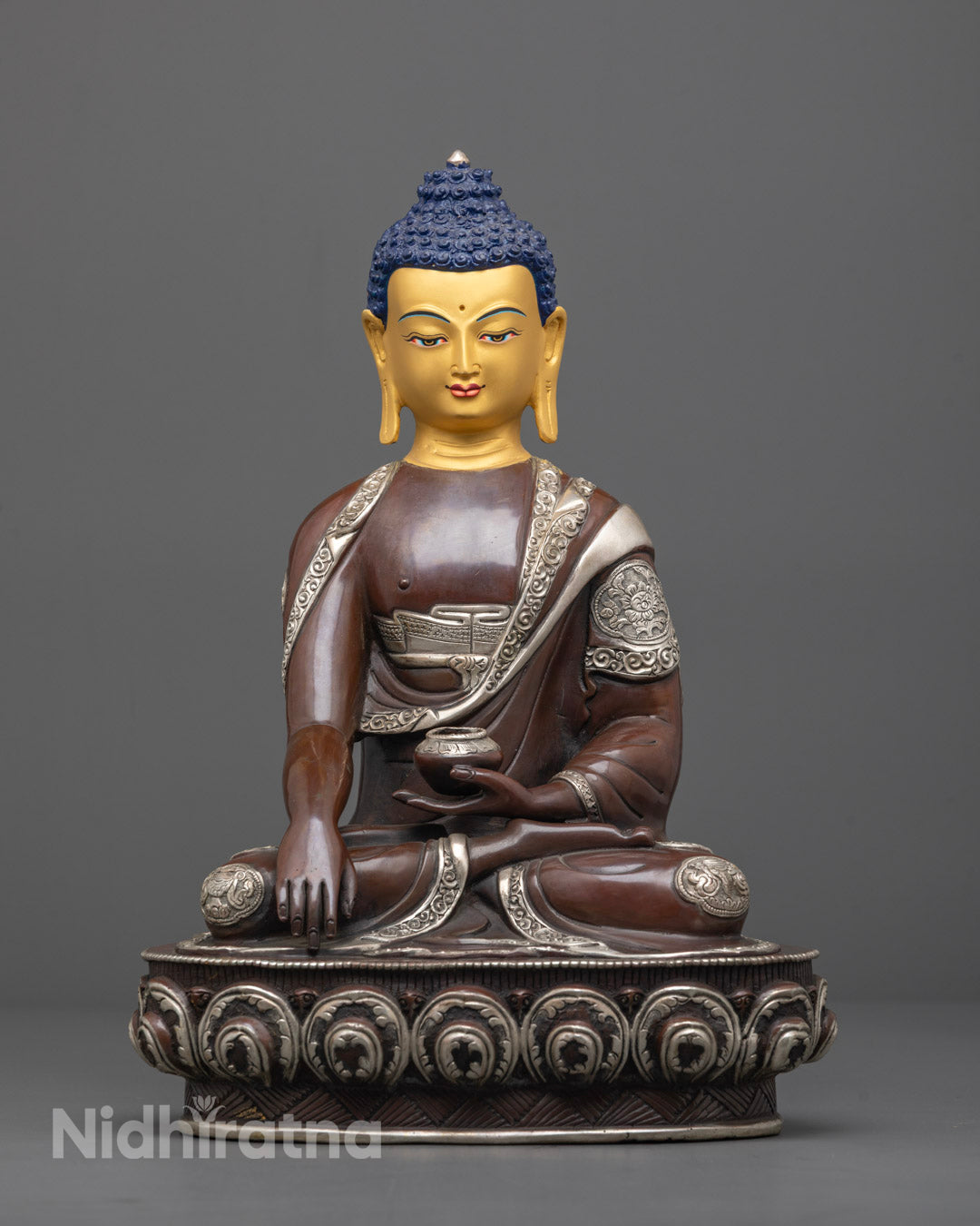 front-view Hand-Carved Buddha Sculpture with 24k Gold-Gilded Face on Lotus Throne