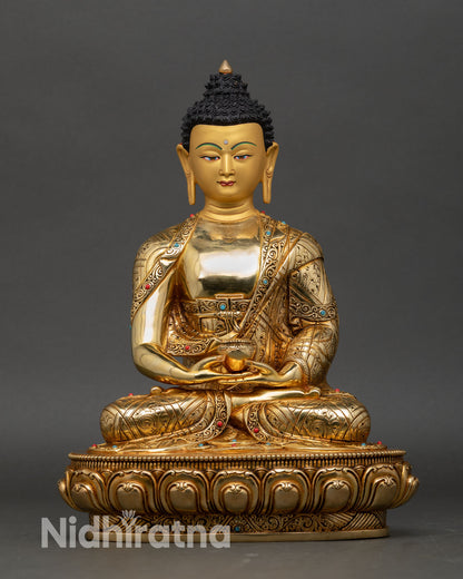 front view, amitabha sang-gye statue from nepal, copper gold gilded buddha on lotus pedestal in dhyana mudra